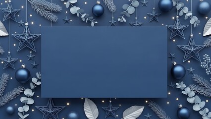 Dark blue festive frame with ornaments and stars modern winter holiday background