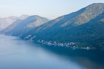 Seascape of Kotor bay, Montenegro. Seacoastal mountain background for publication, design, poster, calendar, post, screensaver, wallpaper, cover. High quality photography