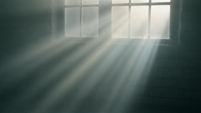 Dramatic view of sunlight piercing through a window into a dark room, creating visible beams of light and strong shadow contrast