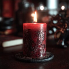Burning Red Candle with Engraved Bird, Dark Setting