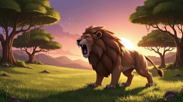 A stylized cartoon lion is roaring fiercely on the green grass of the savanna wilderness under warm golden sunset light.
