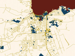 Fototapeta premium Modern graphic street map of Hilo, Hawaii, with deep-red water with clean ivory streets and warm gold road lines on a soft cream background