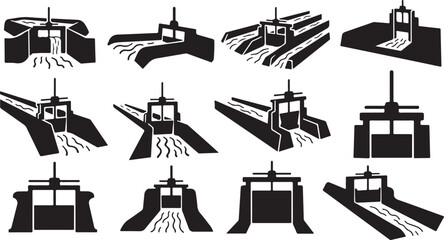 Various Black and White Road Construction Icons and Symbols