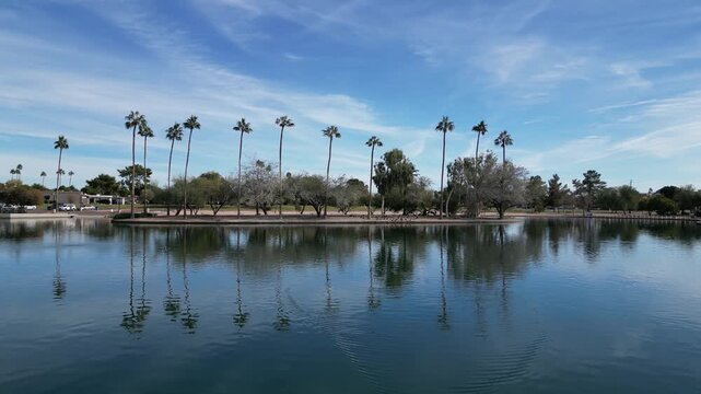 chaparral park scottsdale arizona aerial view palm trees lake (phenix az southwest travel mountains view background) south mountain southwest travel reflection pond water beauty nature hike urban walk