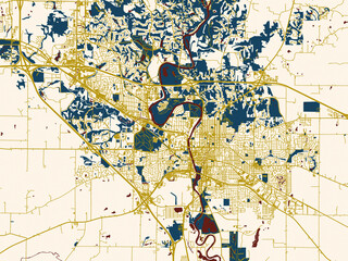 Poster-style map of Iowa City, Iowa using dark red water and warm gold roads