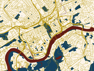 Obraz premium Decorative abstract map of Knoxville Center, Tennessee, featuring warm gold street grid over a cream background with bold deep-red water areas