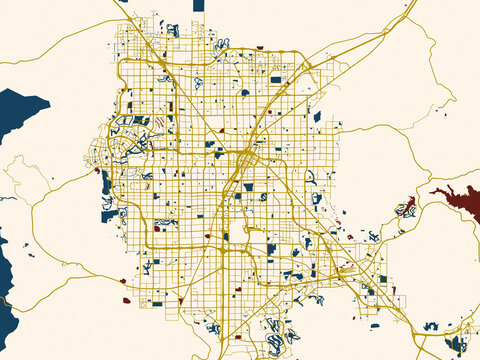 Poster-style map of Las Vegas Metro, Nevada using cream map with gold lines