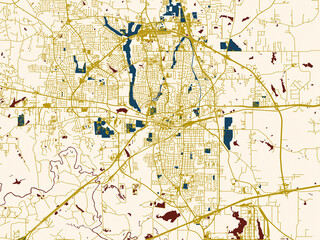 Fototapeta premium Flat city map of Longview, Texas in cream map with gold lines
