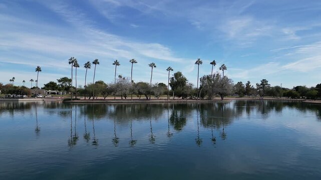 chaparral park scottsdale arizona aerial view palm trees lake (phenix az southwest travel mountains view background) south mountain southwest travel reflection pond water beauty nature hike urban walk