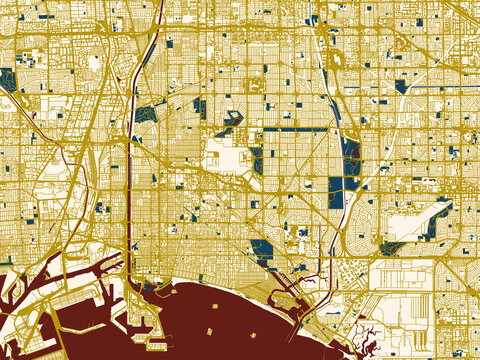 Poster-style map of Long Beach, California using dark red water and warm gold roads