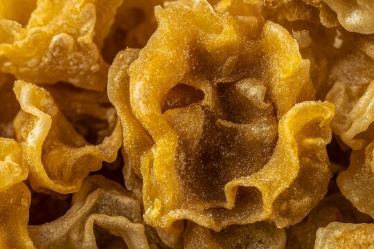 Close up macro view of golden flaky Malaysian karipap pastry