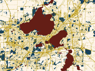 Fototapeta premium Poster-style map of Madison, Wisconsin using dark red water and warm gold roads