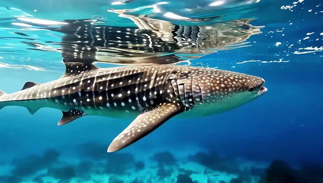 Majestic Whale Shark Swimming Gracefully in Clear Blue Ocean Water.