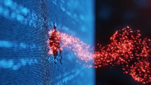 Red particles bursting through blue digital screen at an angle