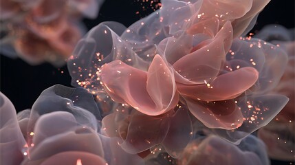 Vibrant pink and purple abstract flowers with sparkling particles