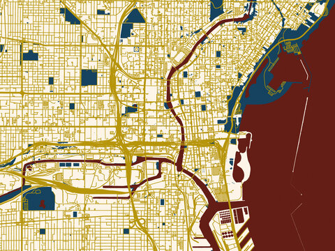 Flat city map of Milwaukee Center, Wisconsin in gold street network with deep red water