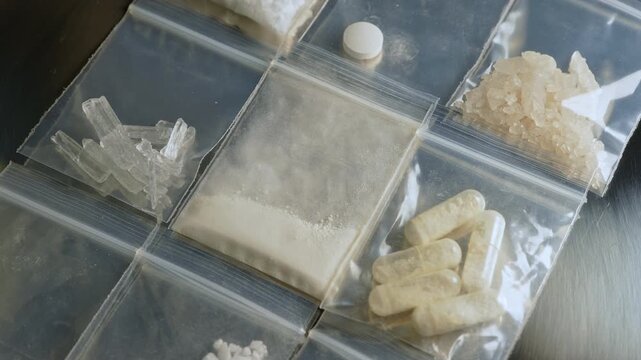 Fentanyl, nitazenes, heroin and synthetic opioid drugs smuggling displayed in small packages concept. Powder, crystals and capsules form causes severe drug crisis in the world.