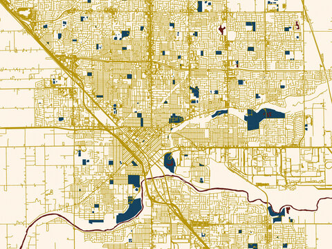 Urban map of Modesto, California in a flat palette: warm gold street grid over a cream background with bold deep-red water areas