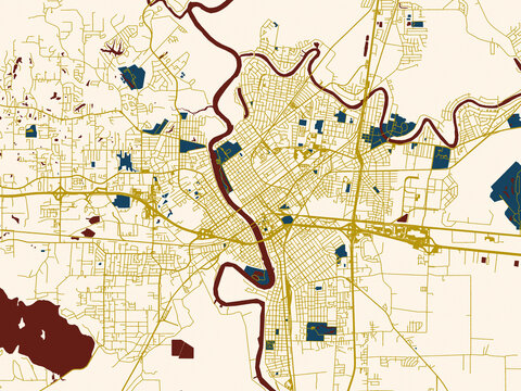 Poster-style map of Monroe, Louisiana using minimal cream and gold map