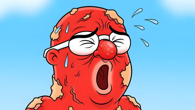 Funny cartoon face with severe sunburn