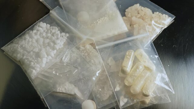 Fentanyl, nitazenes, heroin and synthetic opioid drugs smuggling displayed in small packages concept. Powder, crystals and capsules form causes severe drug crisis in the world.