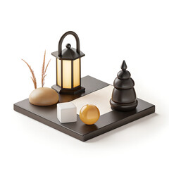 A red 3d glass perfume bottle stands as a business symbol next to a metal chess button object