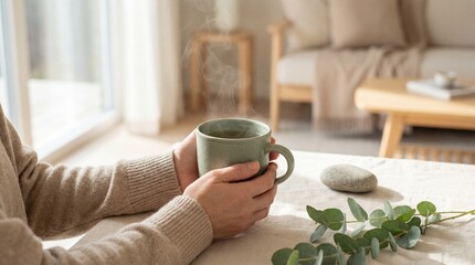 Hands Holding Ceramic Mug of Steaming Tea on Linen
