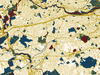 Fototapeta premium Flat city map of Newton, Massachusetts — rich red water shapes with ivory land and golden street network accents