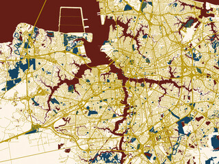 Fototapeta premium Abstract city map of Norfolk Metro, Virginia with dark red water and warm gold roads