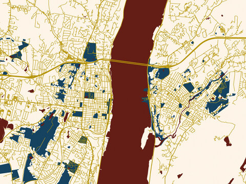 City map of Newburgh - Beacon New, York &ndash; dark red water and warm gold roads