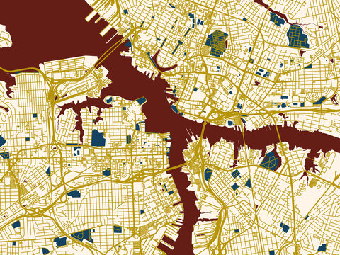 Flat city map of Norfolk - Portsmouth Center, Virginia &mdash; cream-toned city field with gold linework streets and deep red waterways for strong contrast