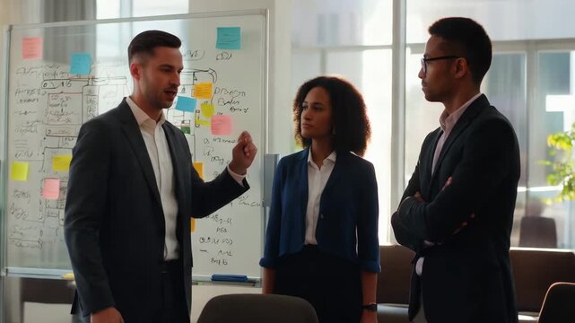 Business team discussion office sunlight corporate meeting professional teamwork diverse colleague project planning glass window startup office creative strategy executive leadership workplace