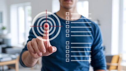 Man interacting with virtual target interface in modern office setting