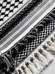 Close-up of Traditional Black and White Keffiyeh Scarf with Tassels, Cultural Identity Symbol