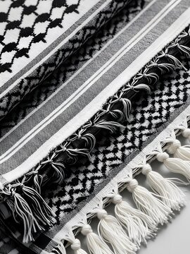 Close-up of Traditional Black and White Keffiyeh Scarf with Tassels, Cultural Identity Symbol
