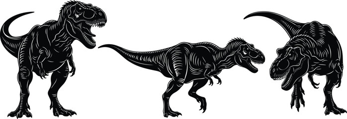 “Detailed black dinosaur vector illustration featuring three fierce Tyrannosaurus rex poses, showcasing dynamic movements, strong anatomy, and bold prehistoric design for  © Gita
