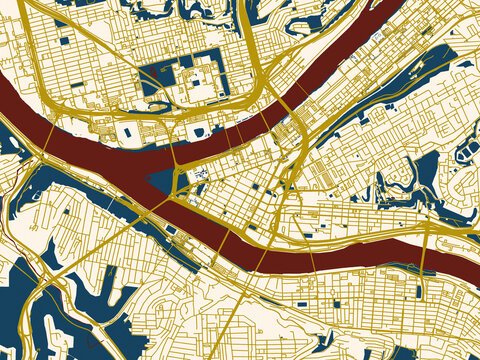 Flat city map of Pittsburgh Center, Pennsylvania &mdash; minimal ivory map base with golden roads and dark red water bodies in a modern flat style