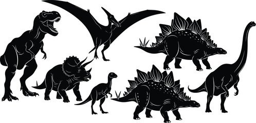 “Detailed black silhouette vector illustration set of various dinosaurs including T-rex, stegosaurus, triceratops and pterodactyl, prehistoric animal collection design for education and decoration” © Gita
