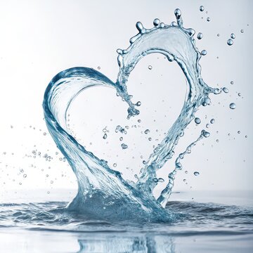 Heart-shaped water splash with suspended droplets and reflection, perfect for love-themed ads, wellness branding, hydration campaigns, eco-friendly concepts, Valentine&rsquo;s visuals, romantic design