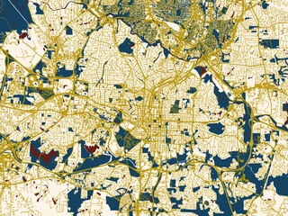City map of Raleigh North, Carolina &ndash; gold street network with deep red water