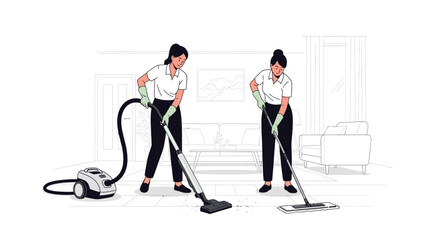 Obraz premium Two women cleaning a floor with vacuum cleaners and mops in a house interior with a minimalist background.