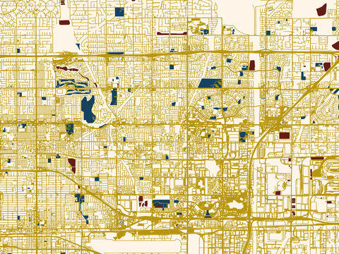 Abstract city map of Rancho Cucamonga, California with dark red water and warm gold roads