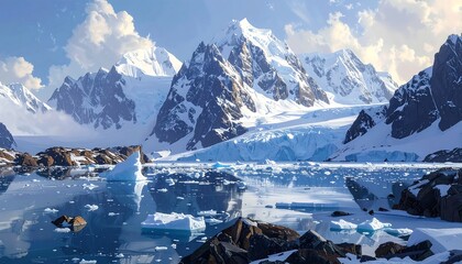 A serene landscape portrays a breathtaking arctic scene. Towering, snow-covered peaks meet icy waters dotted with icebergs