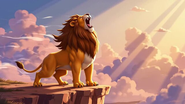 Majestic cartoon lion roaring on a cliff edge, powerfully illuminated by dramatic golden sun rays.