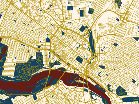 Decorative abstract map of Richmond Center, Virginia, featuring rich red water shapes with ivory land and golden street network accents