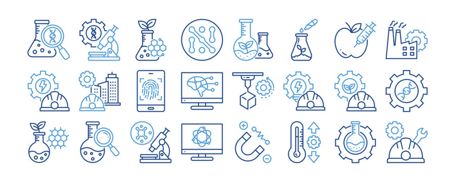 Science and Engineering icon collection set. Containing design Scientific, Biomedical Engineering, Biotechnology, Nanotechnology, Environmental Science 