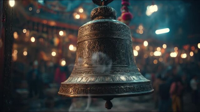 Close-up of ornate bronze temple bell hanging amidst swirling incense smoke with festive bokeh lights in background during spiritual ceremony