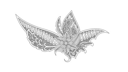 A detailed grayscale illustration of a stylized bat with ornate wing patterns and a flower-like body on a plain white background.