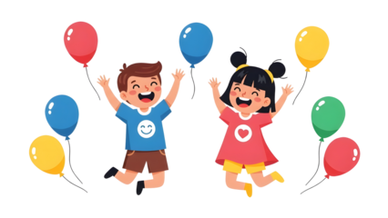Happy children jumping and playing with colorful balloons, celebrating a special occasion