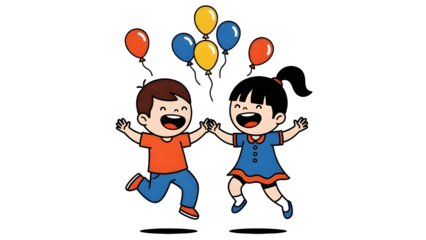 Vibrant illustration of happy children, a boy and a girl, jumping playfully with colorful balloons, symbolizing joyful celebration and carefree childhood friendship